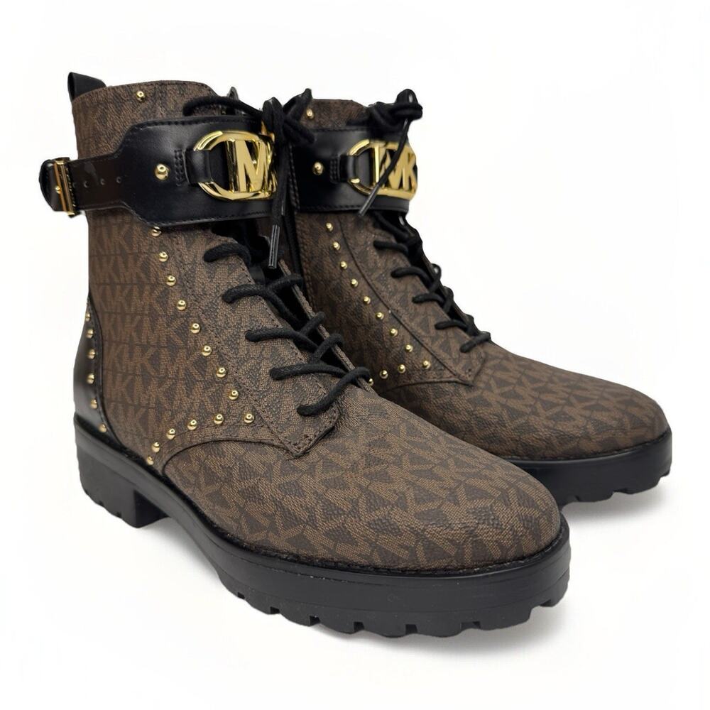 Michael Kors Boots Kinkaid Logo Leather Lace Up Zip Combat Bootie Women’s Size 8